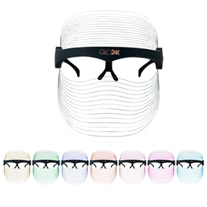 LED Face Mask, showing all 7 Colours. Red, Yellow, Green, Blue, Pink, Clear Blue, Purple, White