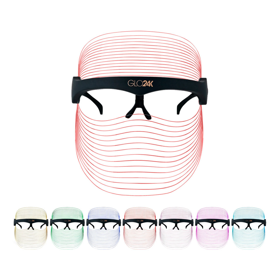 LED Face Mask, showing all 7 Colours. Red, Yellow, Green, Blue, Pink, Clear Blue, Purple, White